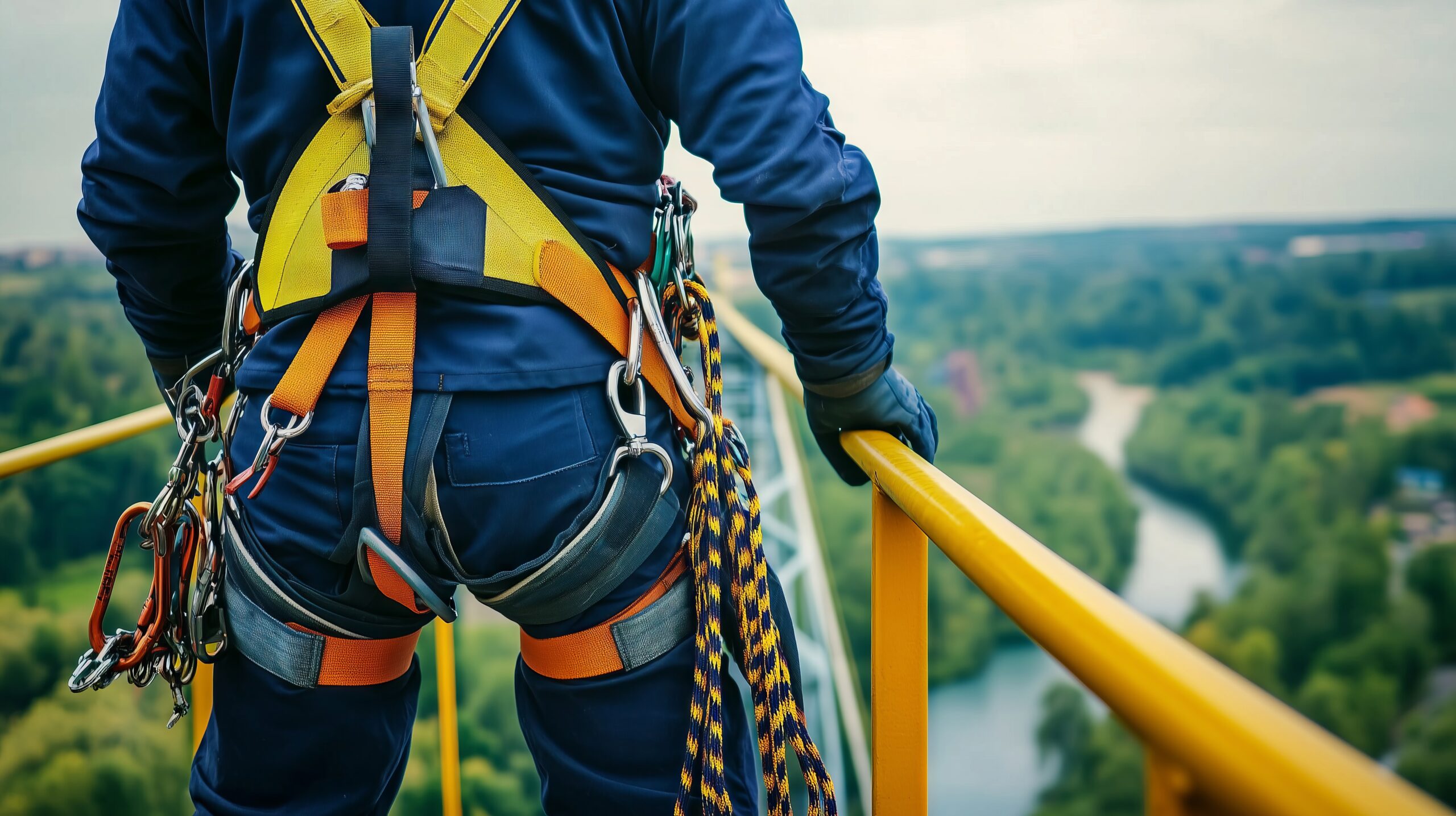 Salarié en formation travail en hauteur équipé d'un harnais et d'un système anti-chute lors d'une session intra-entreprise en Hauts-de-France