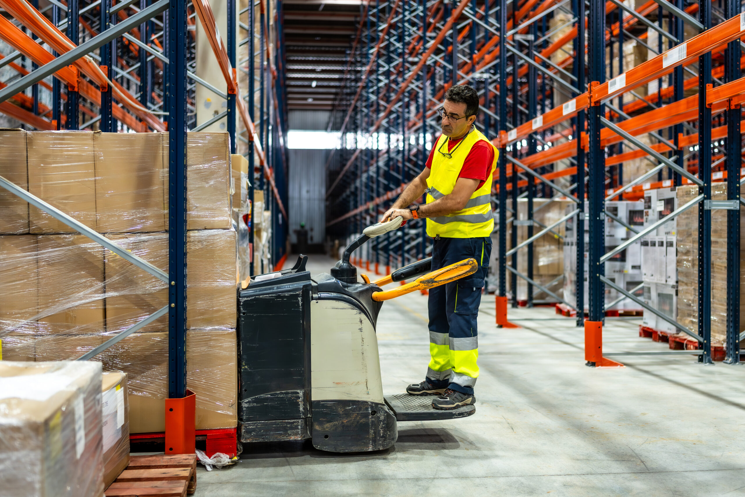 Opérateur conduisant un gerbeur accompagnant lors d'une formation CACES R485 dans un entrepôt logistique des Hauts-de-France