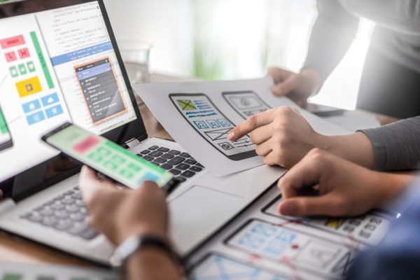 Designers drawing website ux app development. User experience concept.